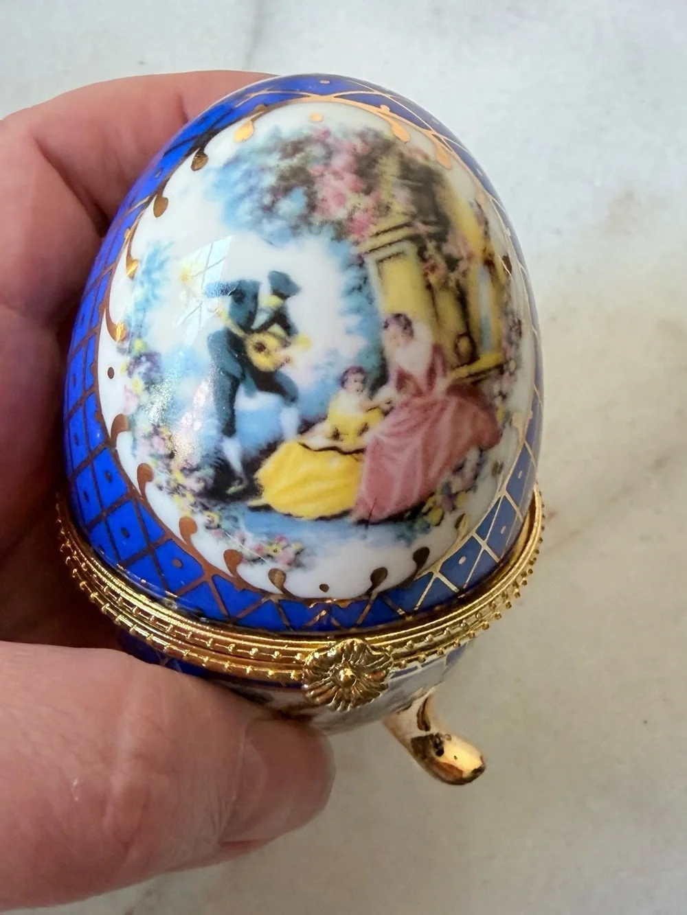 Blue Decorative Porcelain Egg Trinket Box with Gold Accents
